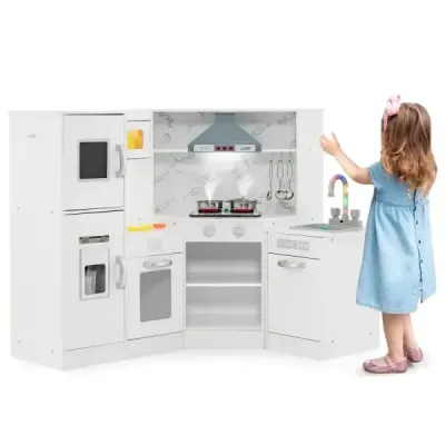 Dřevěná rohová dětská kuchyňka se světlem a zvukem a deskou a doplňky Dětská kuchyňka Hrací kuchyňka Dřevěná kuchyňka Bílá