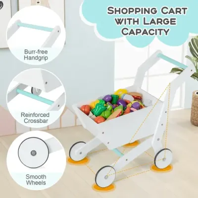 Dřevěná hrací souprava supermarketu s pokladnou a nákupním vozíkem a hrou pro nákup potravin na tabuli