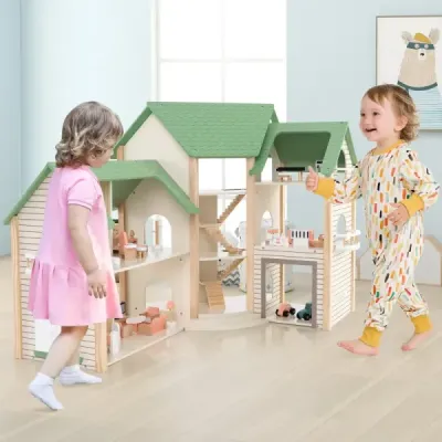 Domek pro panenky se zelenou střechou a 36 doplňky Dřevěná rohová vila hrací souprava Dům snů pro kutily
