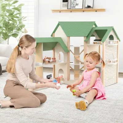 Domek pro panenky se zelenou střechou a 36 doplňky Dřevěná rohová vila hrací souprava Dům snů pro kutily