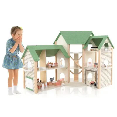 Domek pro panenky se zelenou střechou a 36 doplňky Dřevěná rohová vila hrací souprava Dům snů pro kutily