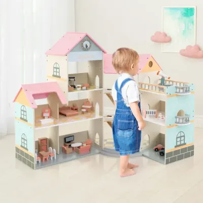 Dřevěný rohový domeček pro panenky s růžovou střechou a 41 kusy nábytku a doplňků Domek pro panenky DIY Dům snů pro panenky