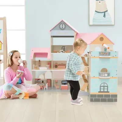 Dřevěný rohový domeček pro panenky s růžovou střechou a 41 kusy nábytku a doplňků Domek pro panenky DIY Dům snů pro panenky