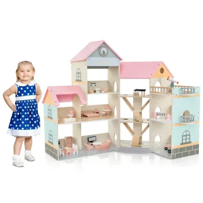 Dřevěný rohový domeček pro panenky s růžovou střechou a 41 kusy nábytku a doplňků Domek pro panenky DIY Dům snů pro panenky