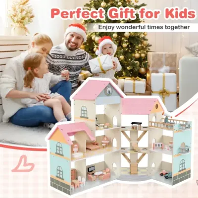 Dřevěný rohový domeček pro panenky s růžovou střechou a 41 kusy nábytku a doplňků Domek pro panenky DIY Dům snů pro panenky