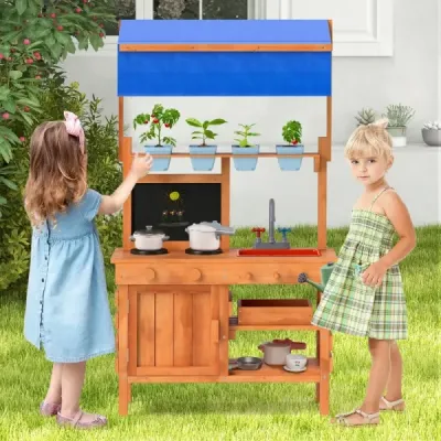 Dětská blátivá kuchyňka Dřevěná dětská kuchyňka s výškově nastavitelnou stříškou 77 x 52 x 135 cm