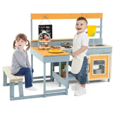 Dětská hliněná kuchyňka, smrkové dřevo, piknikový stůl, lavička, tabule, nádoba na vodu, dřez, venkovní doplňky na zahradu, trávník, vícebarevné