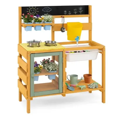 Dětská bahenní kuchyňka, venkovní hrací kuchyňka, dřevěná s nádrží na vodu, pro děti od 3 let, 69 x 29 x 85 cm, žlutá