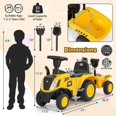Dětský pojízdný traktor s odnímatelným přívěsem a lopatovým chůdkou Licencovaný vůz Caterpillar