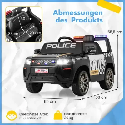Dětské policejní auto, 12V policejní auto s dálkovým ovládáním, a LED blikajícími světly, černé
