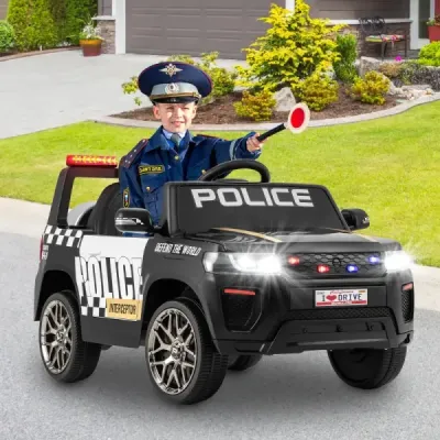 Dětské policejní auto, 12V policejní auto s dálkovým ovládáním, a LED blikajícími světly, černé