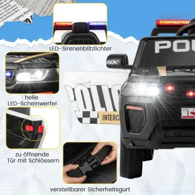 Dětské policejní auto, 12V policejní auto s dálkovým ovládáním, a LED blikajícími světly, černé