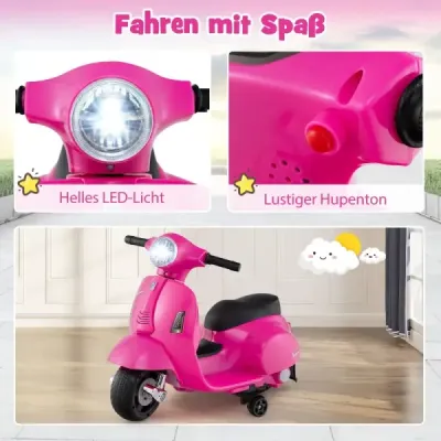 Licencovaná dětská elektrická motorka Vespa 6V motorka na baterie s LED světlometem růžová