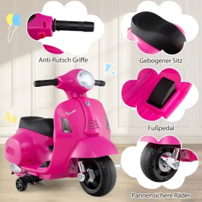 Licencovaná dětská elektrická motorka Vespa 6V motorka na baterie s LED světlometem růžová