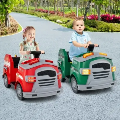 Dětské hasičské auto na klouzání 12V hasičské auto s lopatou a hasicím přístrojem na klouzání zelené barvy