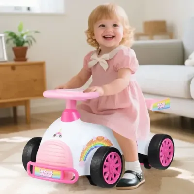 Dětské auto se skluzavkou od nohou k podlaze s hudbou a úložným prostorem pod sedadlem Dětské vozidlo s motivem jednorožce