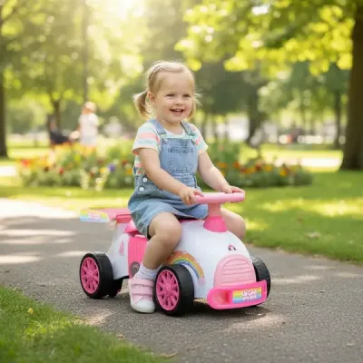 Dětské auto se skluzavkou od nohou k podlaze s hudbou a úložným prostorem pod sedadlem Dětské vozidlo s motivem jednorožce