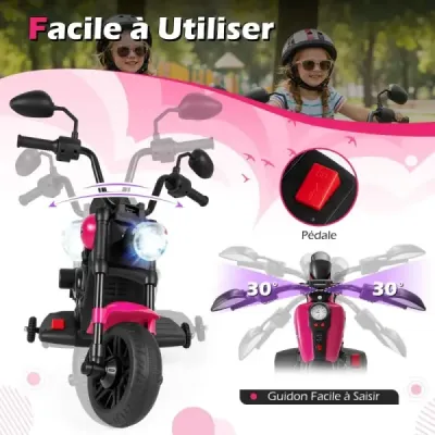 6V dětská motorku typu chopper s hudbou, světlometem, nožním pedálem a 2 pomocnými kolečky, růžová