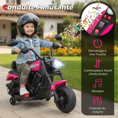 6V dětská motorku typu chopper s hudbou, světlometem, nožním pedálem a 2 pomocnými kolečky, růžová