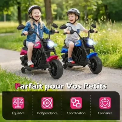 6V dětská motorku typu chopper s hudbou, světlometem, nožním pedálem a 2 pomocnými kolečky, růžová