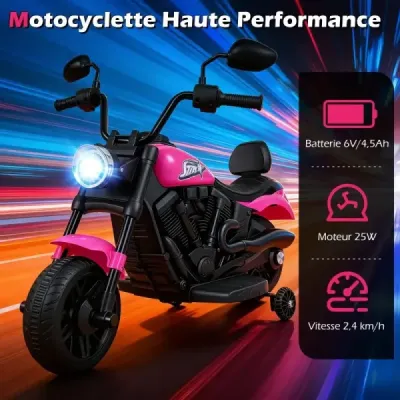 6V dětská motorku typu chopper s hudbou, světlometem, nožním pedálem a 2 pomocnými kolečky, růžová