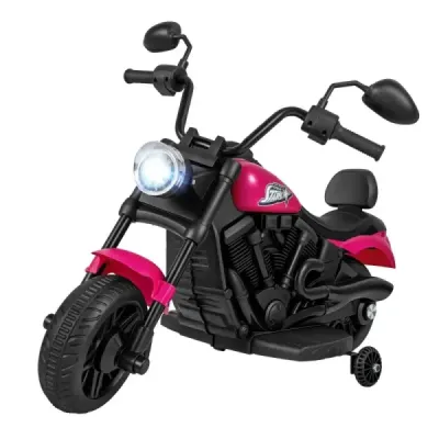 6V dětská motorku typu chopper s hudbou, světlometem, nožním pedálem a 2 pomocnými kolečky, růžová