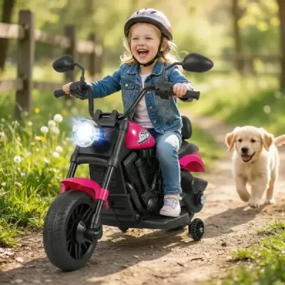 6V dětská motorku typu chopper s hudbou, světlometem, nožním pedálem a 2 pomocnými kolečky, růžová
