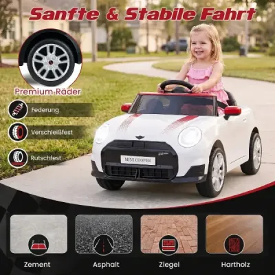 12V dětské autíčko v designu BMW Mini, elektrické autíčko pro děti s dálkovým ovládáním, LED světly a pozvolným startem, bílé