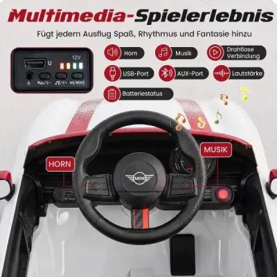 12V dětské autíčko v designu BMW Mini, elektrické autíčko pro děti s dálkovým ovládáním, LED světly a pozvolným startem, bílé