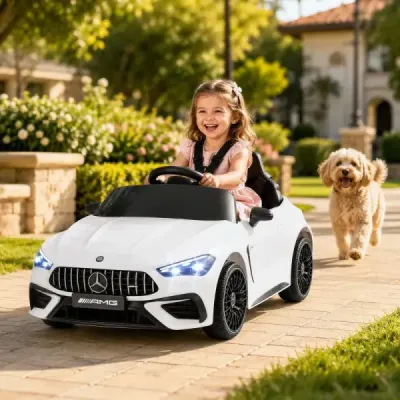 Dětské elektrické auto 12 V Mercedes-AMG s LED světly a dálkovým ovládáním 2,4 GHz, bílé