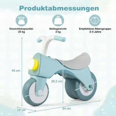 Dětské odrážedlo s jasnými předními světly a pohodlným sedadlem, bez pedálů, modré