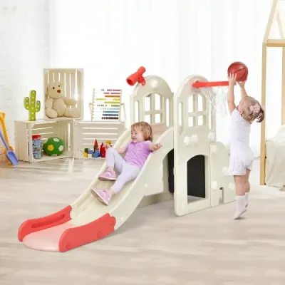 Dětská skluzavka prolézačka s basketbalovým košem, míček a teleskop 189,5 x 83 x 98 cm růžová