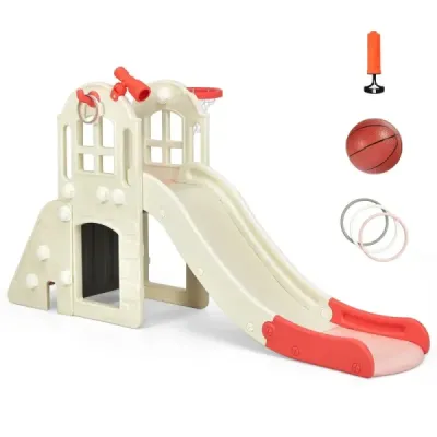 Dětská skluzavka prolézačka s basketbalovým košem, míček a teleskop 189,5 x 83 x 98 cm růžová