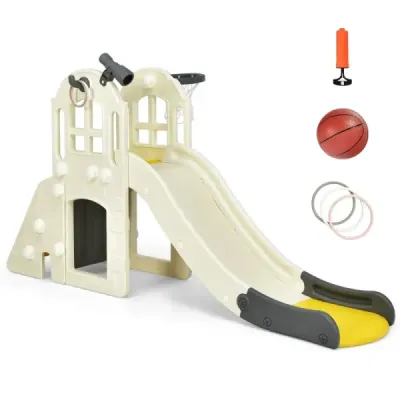 Dětská skluzavka prolézačka s basketbalovým košem, míček a teleskop 189,5 x 83 x 98 cm žlutá