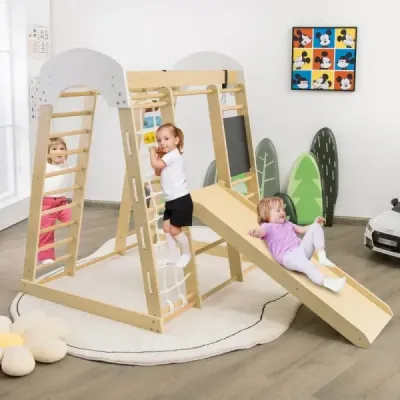 Sada lezeckých hraček pro batolata se skluzavkou a houpačkou 124 x 119 x 138 cm přírodní