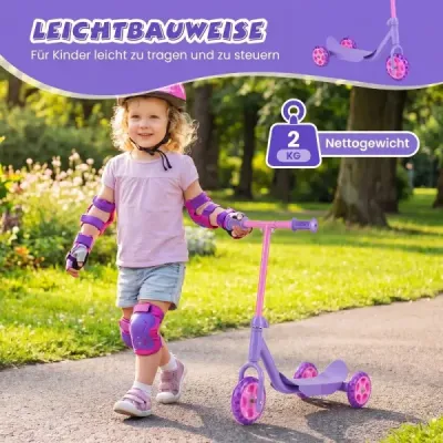 Koloběžka pro děti, tříkolka, dětská koloběžka se svítícími LED koly pro děti od 2 let, fialová