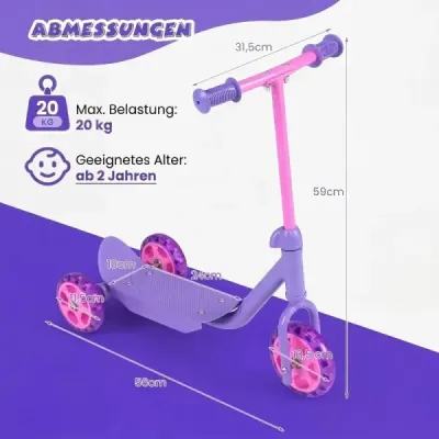 Koloběžka pro děti, tříkolka, dětská koloběžka se svítícími LED koly pro děti od 2 let, fialová