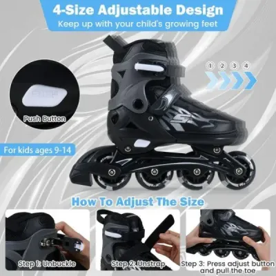 Dětské inline brusle, věk 7-9 let, nastavitelné ve 4 směrech, svítící kolečka použití uvnitř i venku, pro začátečníky, šedé