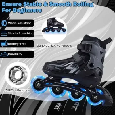 Dětské inline brusle, věk 7-9 let, nastavitelné ve 4 směrech, svítící kolečka použití uvnitř i venku, pro začátečníky, šedé