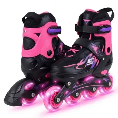 Dětské inline brusle, věk 7-9 let, nastavitelné ve 4 směrech, svítící kolečka použití uvnitř i venku, pro začátečníky, růžové