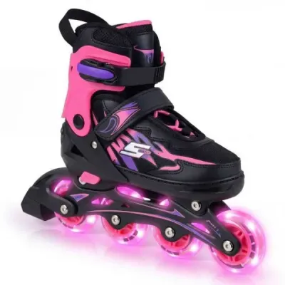 Dětské inline brusle, věk 7-9 let, nastavitelné ve 4 směrech, svítící kolečka použití uvnitř i venku, pro začátečníky, růžové