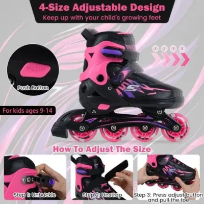 Dětské inline brusle, věk 7-9 let, nastavitelné ve 4 směrech, svítící kolečka použití uvnitř i venku, pro začátečníky, růžové