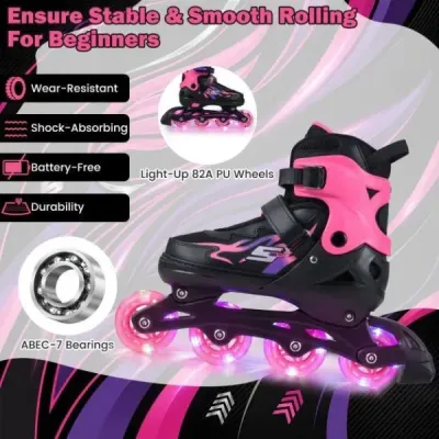Dětské inline brusle, věk 7-9 let, nastavitelné ve 4 směrech, svítící kolečka použití uvnitř i venku, pro začátečníky, růžové