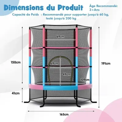 Ø165cm zahradní trampolína s bezpečnostní sítí Trampolína do 135KG s nosností pro děti od 3 let Macaron