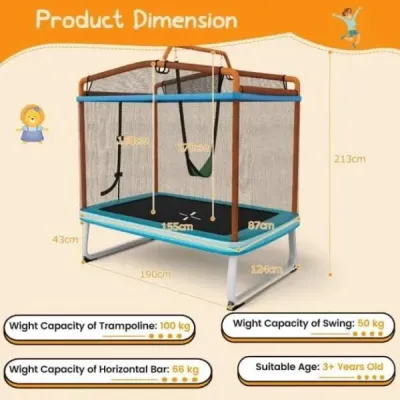 3 v 1 dětská obdélníková trampolína 190 x 124 cm trampolína pro volný čas se sítí modrá + oranžová