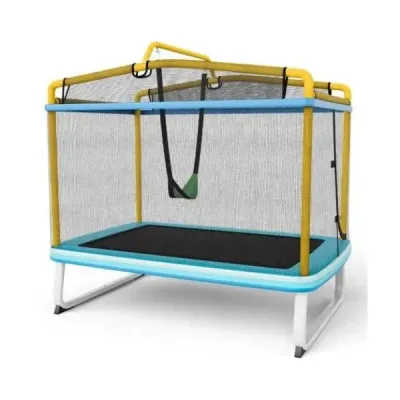 Dětská obdélníková trampolína 3 v 1 190 x 124 cm trampolína pro volný čas se sítí modrá + žlutá