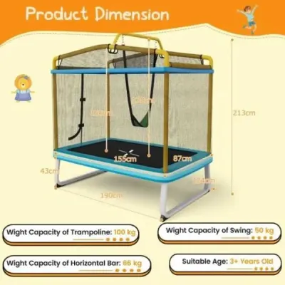 Dětská obdélníková trampolína 3 v 1 190 x 124 cm trampolína pro volný čas se sítí modrá + žlutá