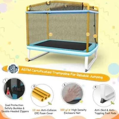 Dětská obdélníková trampolína 3 v 1 190 x 124 cm trampolína pro volný čas se sítí modrá + žlutá