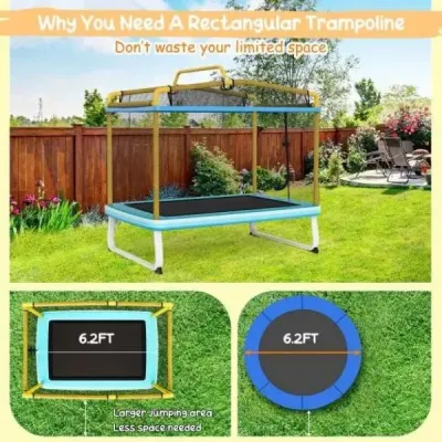 Dětská obdélníková trampolína 3 v 1 190 x 124 cm trampolína pro volný čas se sítí modrá + žlutá
