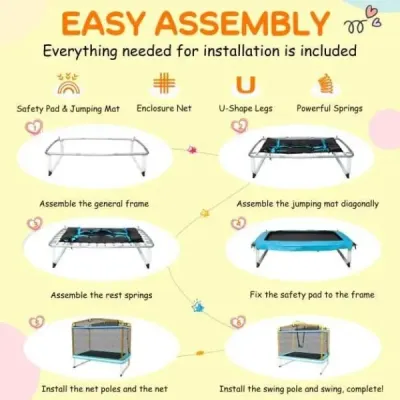 Dětská obdélníková trampolína 3 v 1 190 x 124 cm trampolína pro volný čas se sítí modrá + žlutá